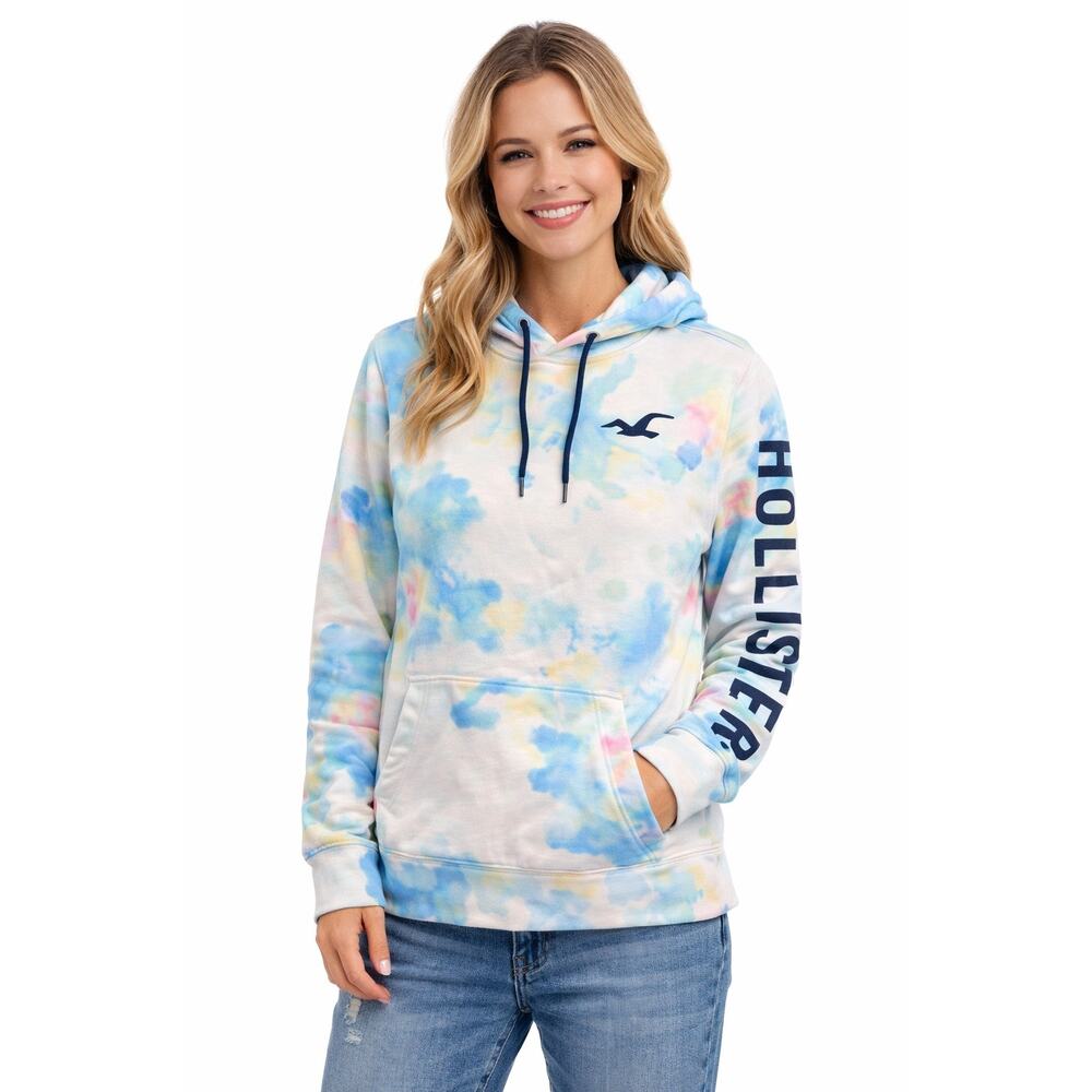 Hollister Tie Dye Winter Hoodie Unisex S Blue Pink Yellow Pullover Seagull Logo